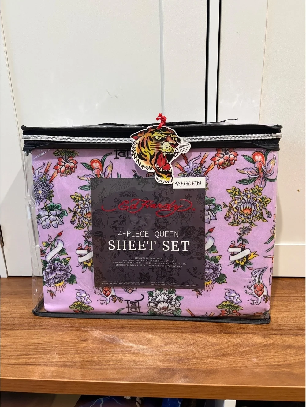 Ed Hardy 4-Piece Queen Sheet Set Pink Tattoo Floral Tiger NEW